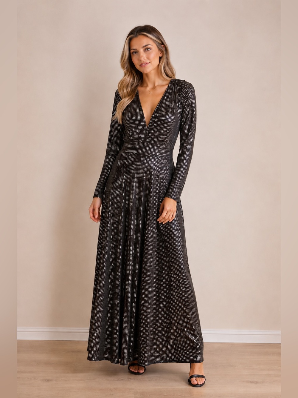 Eleganzarella Long Sleeve Black Metallic V-Neck Maxi Dress M
